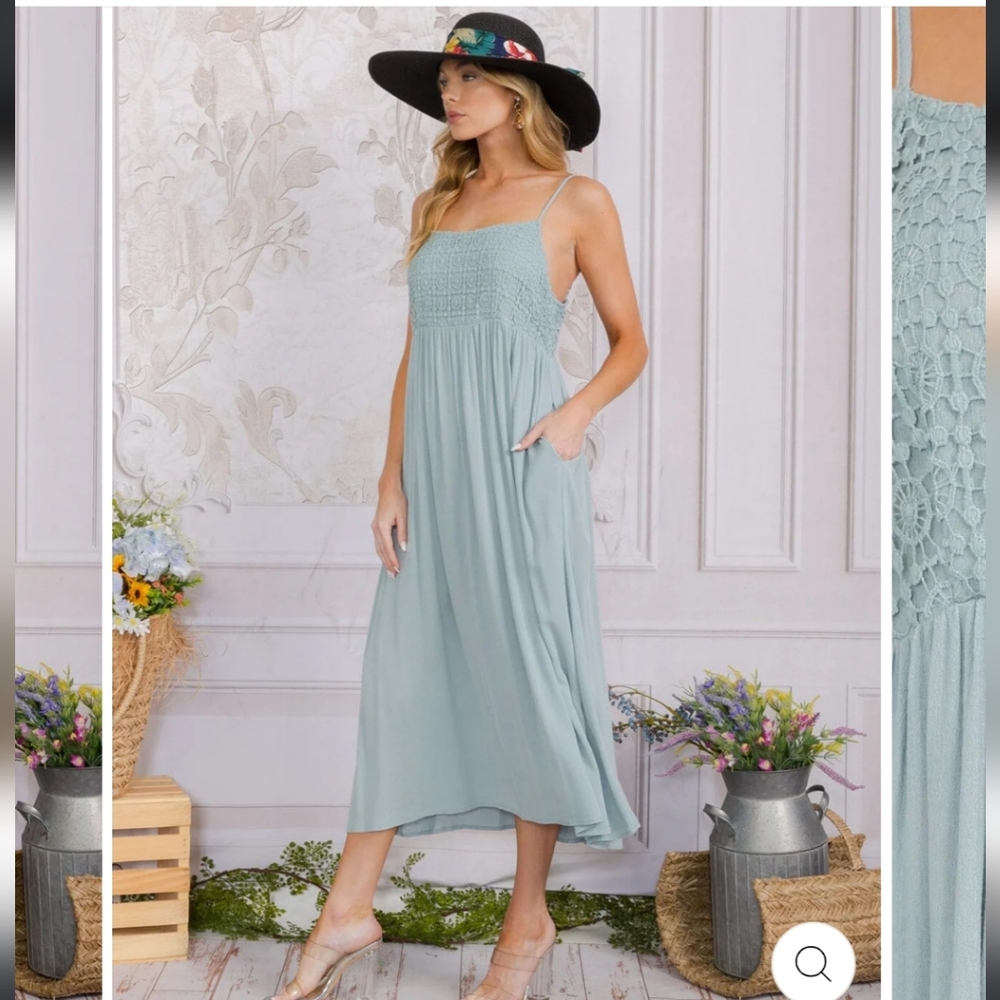 Final Touch Strapless Light Sage Green Smocked Midi Dress